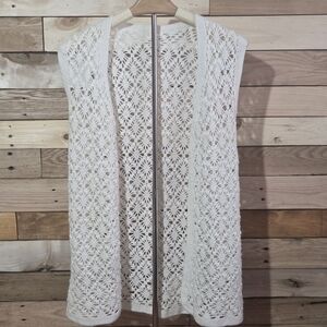 White Crochet Vest Boho Lace Longline Cardigan  Small (17" Bust) Festival